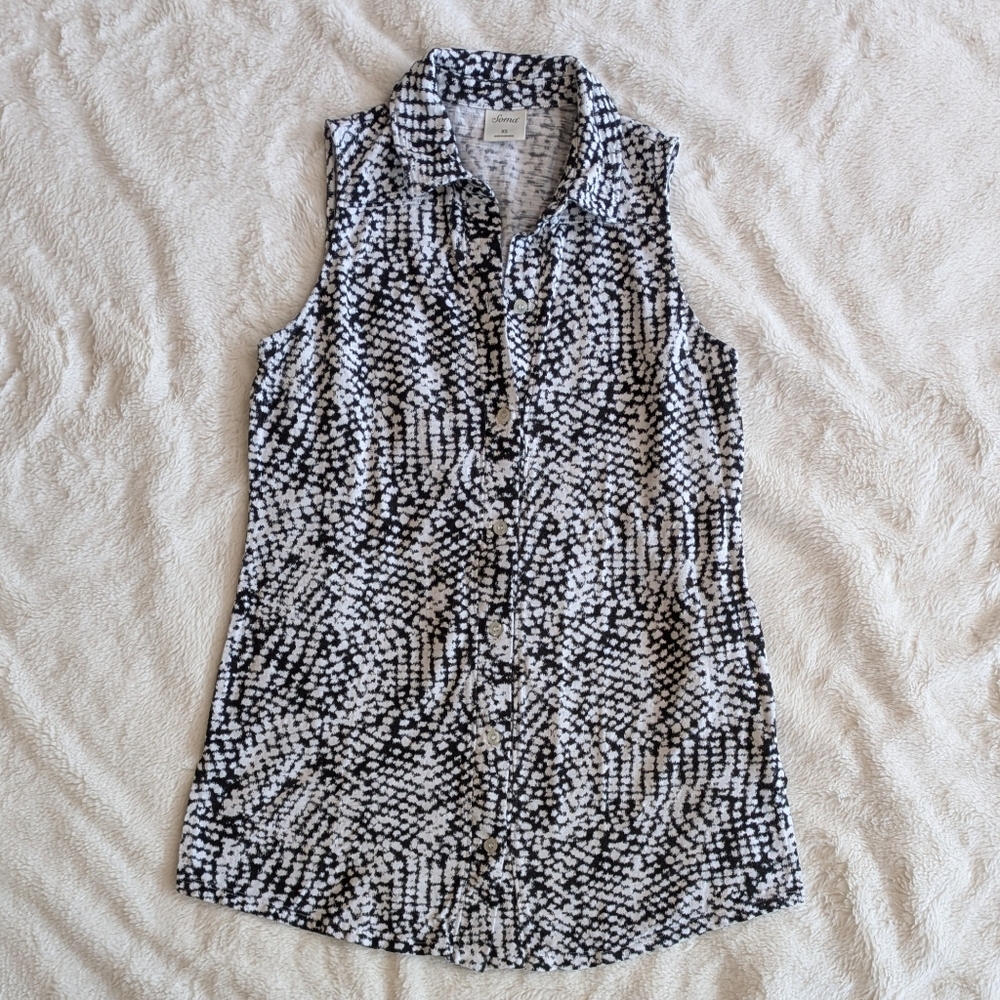 Soma Black & White Print Sleeveless Button Front Tunic Cotton Blend Size XS